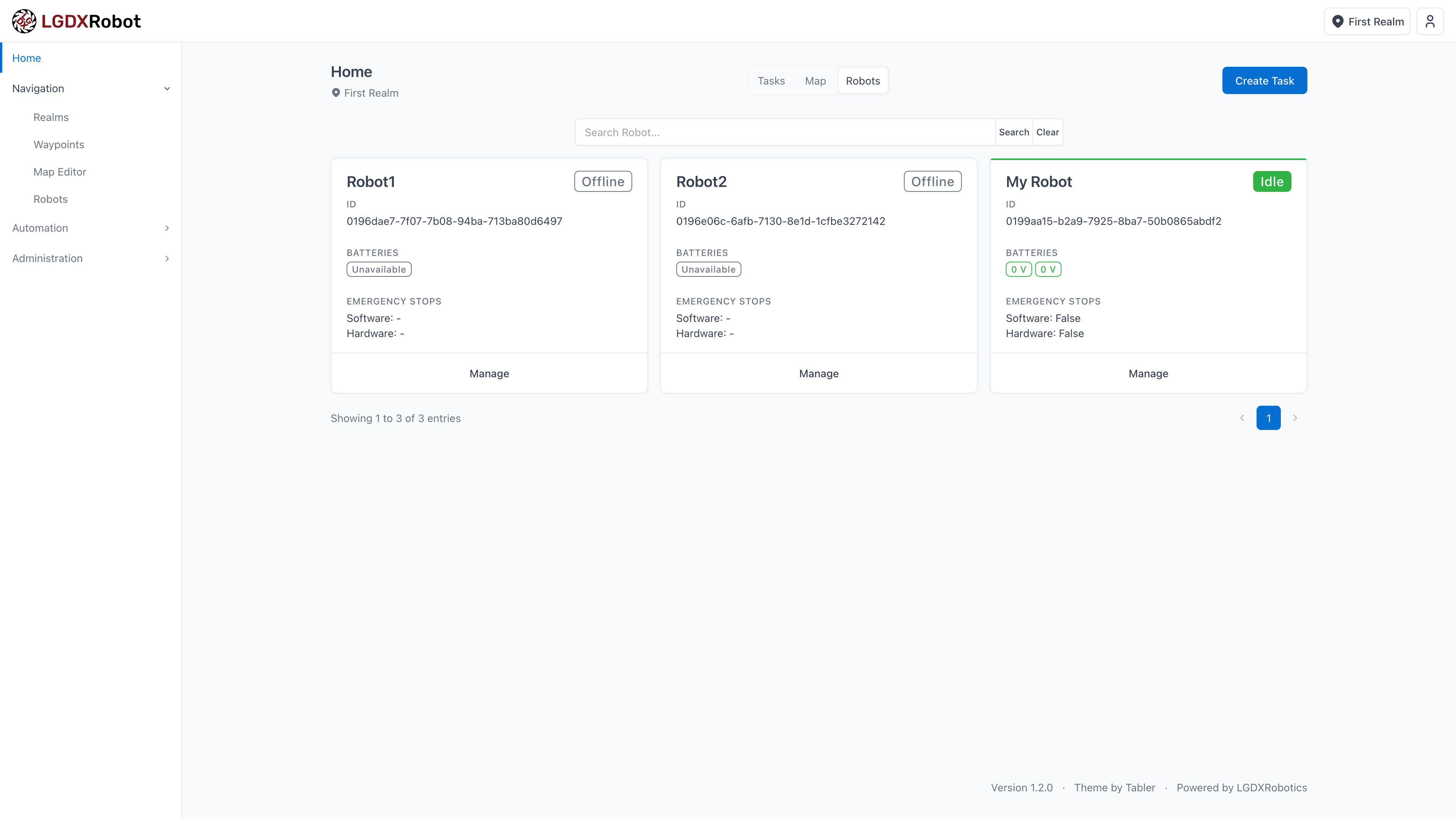 Screenshot of the robot status